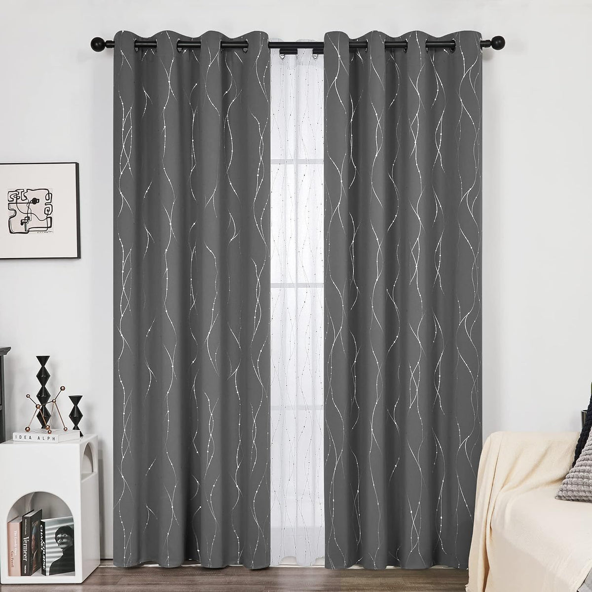 Black Blackout Curtains for Living Room- Grommet Pattern Curtains with Wave Dots and Line (52 x 84 Inch,2 Panels)