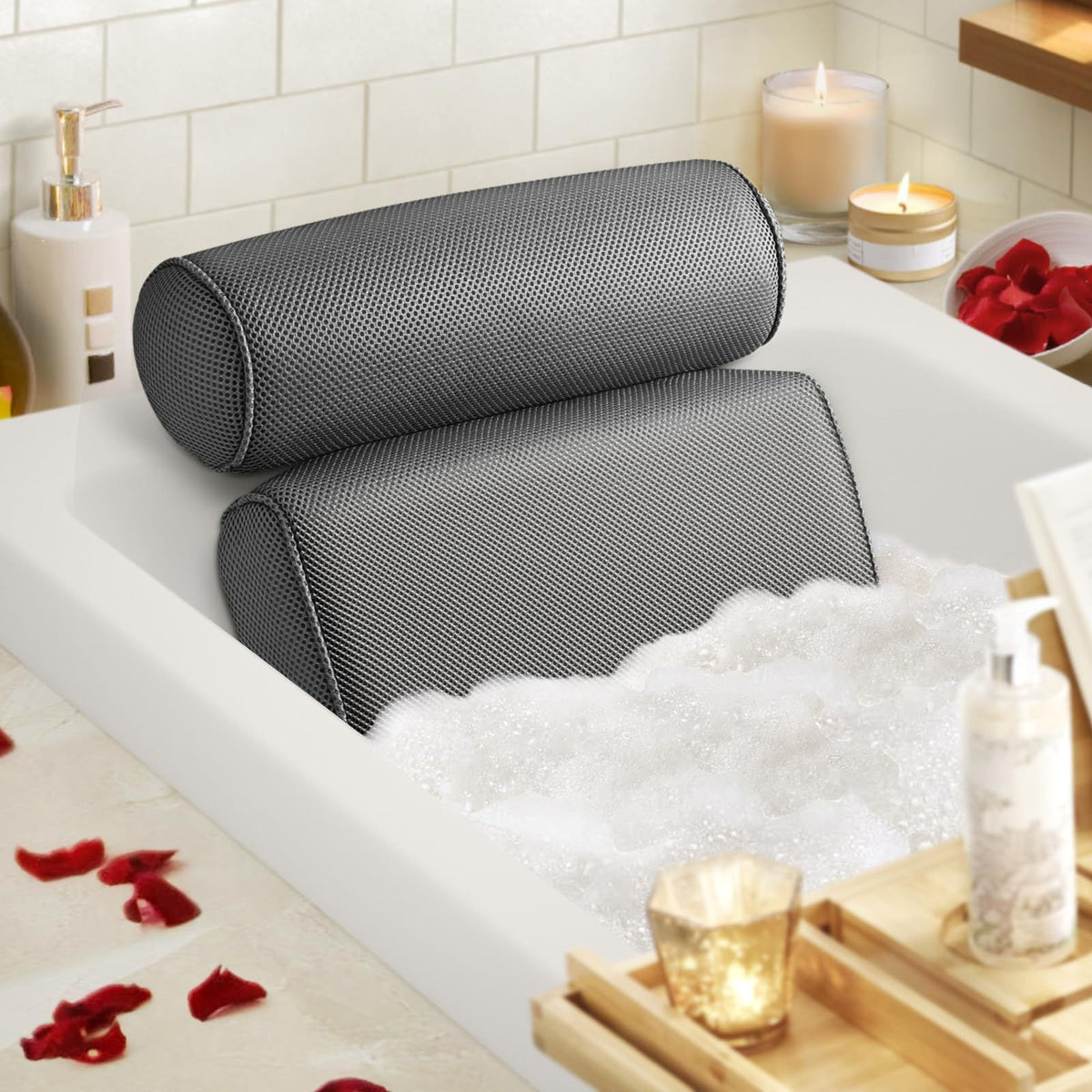 14.5x12.5 inch, Extra Comfortable Bathtub Pillow Bath Accessories for Head,Neck and Back Support, Soft Spa tub Pillow Grey