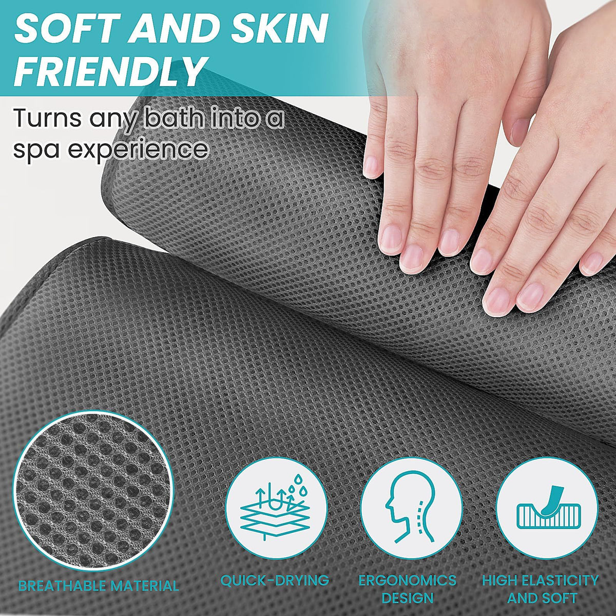 14.5x12.5 inch, Extra Comfortable Bathtub Pillow Bath Accessories for Head,Neck and Back Support, Soft Spa tub Pillow Grey