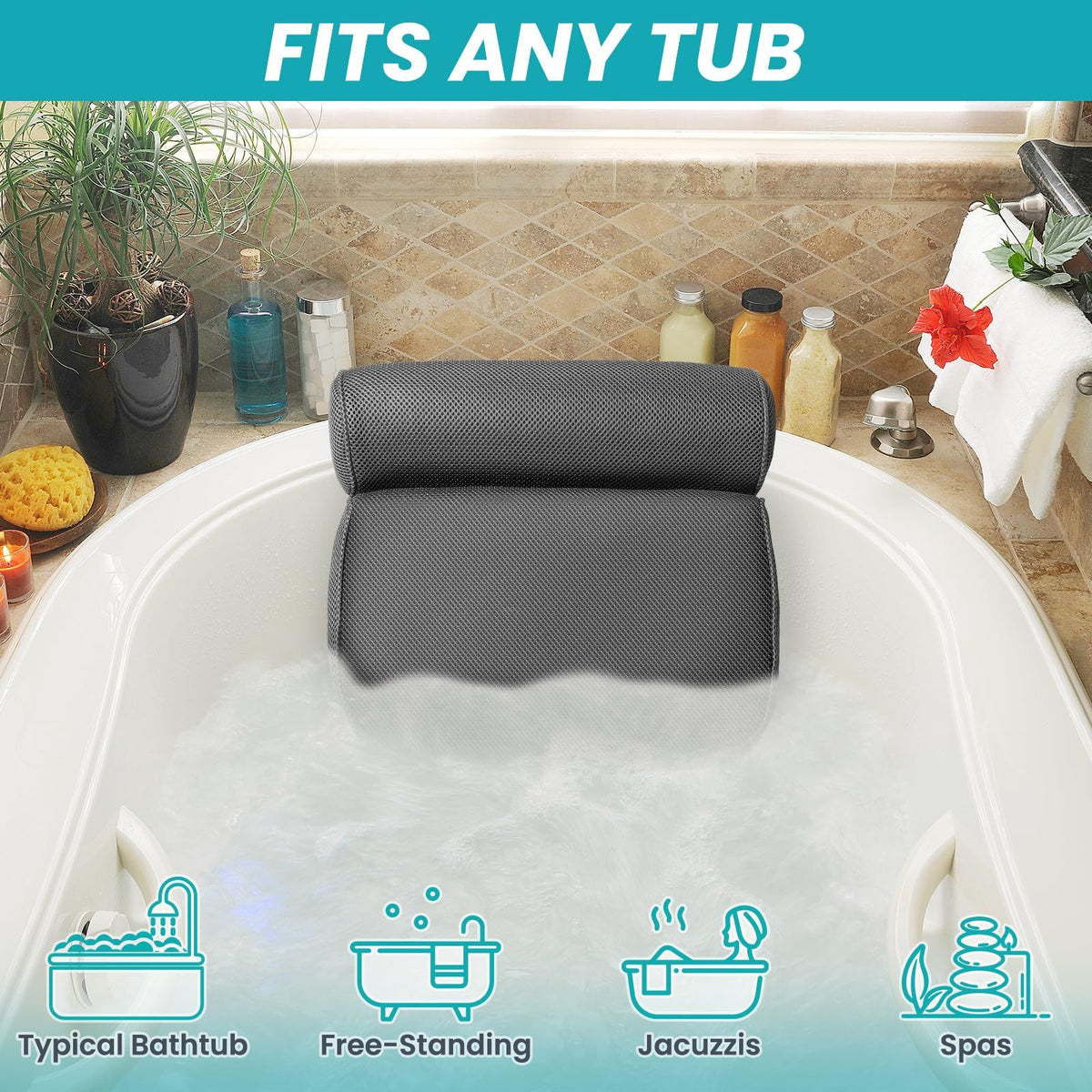14.5x12.5 inch, Extra Comfortable Bathtub Pillow Bath Accessories for Head,Neck and Back Support, Soft Spa tub Pillow Grey