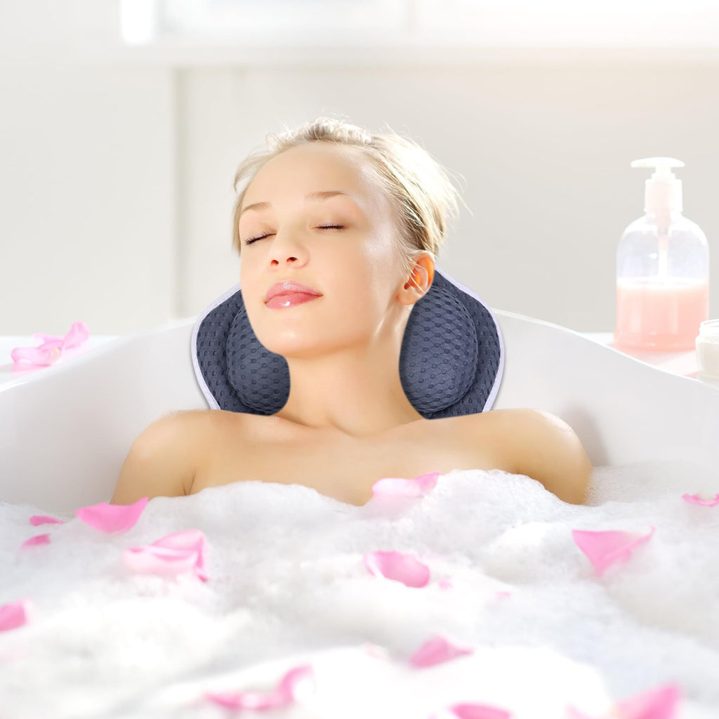 Bath Pillow for Tub Neck Back Support: 4D Air Mesh and Non-Slip Suction Cups Soft Bathtub Pillows , Grey