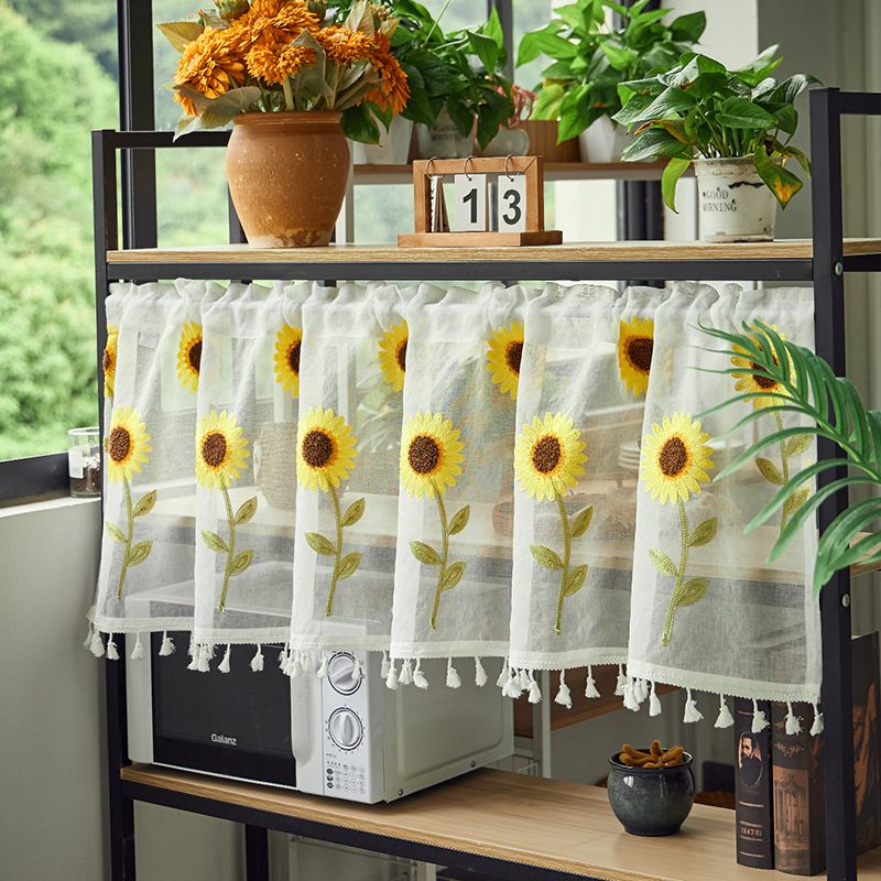 Sunflower embroidered half curtain with beaded edge decoration, rod pocket tied short curtains, curtains