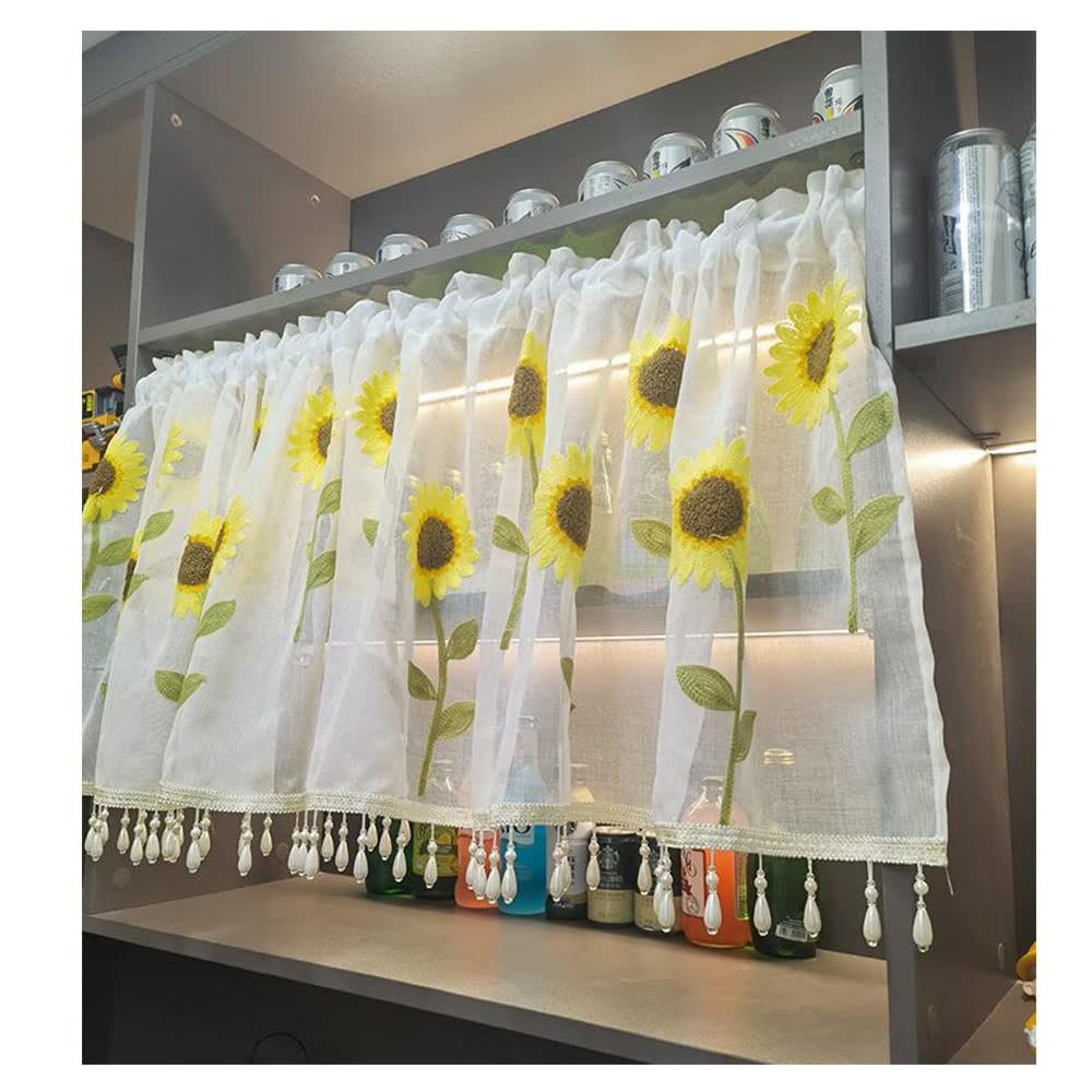 Sunflower embroidered half curtain with beaded edge decoration, rod pocket tied short curtains, curtains