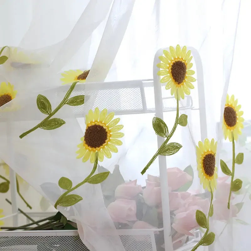 Sunflower embroidered half curtain with beaded edge decoration, rod pocket tied short curtains, curtains