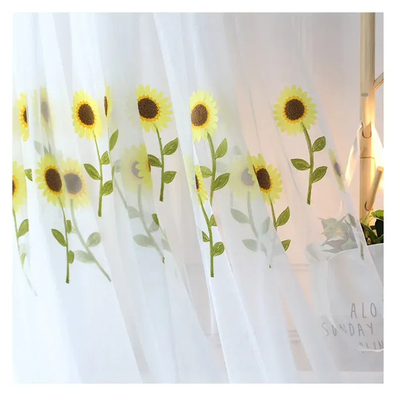 Sunflower embroidered half curtain with beaded edge decoration, rod pocket tied short curtains, curtains
