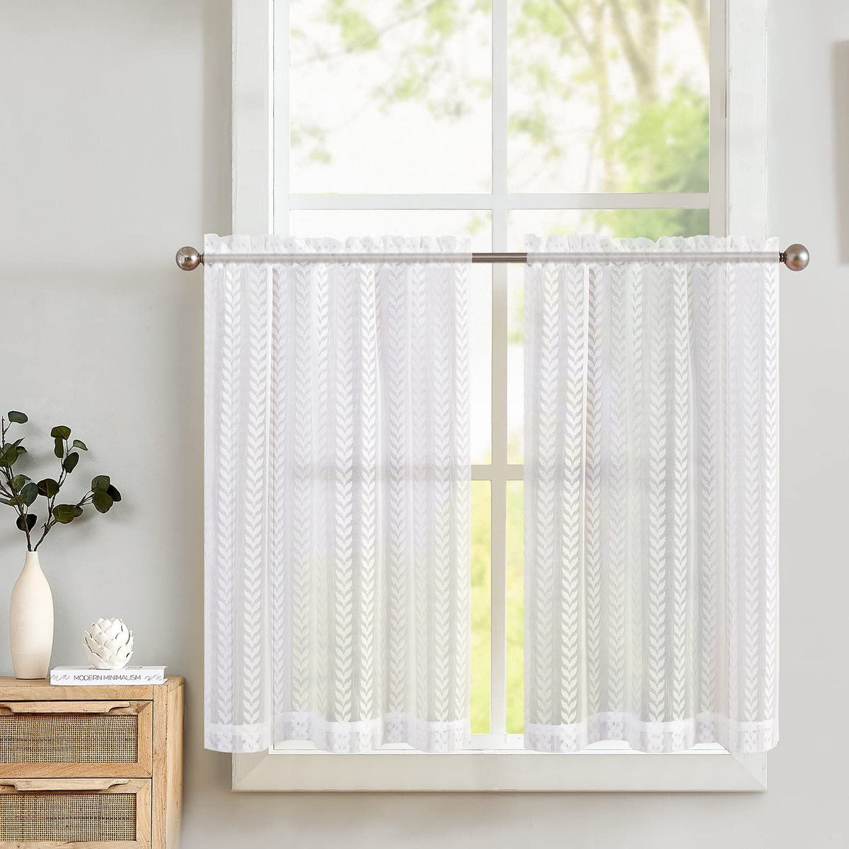 White kitchen curtains with lace, 26 wide and 36 drops transparent coffee shop curtains, small tavern semi transparent short