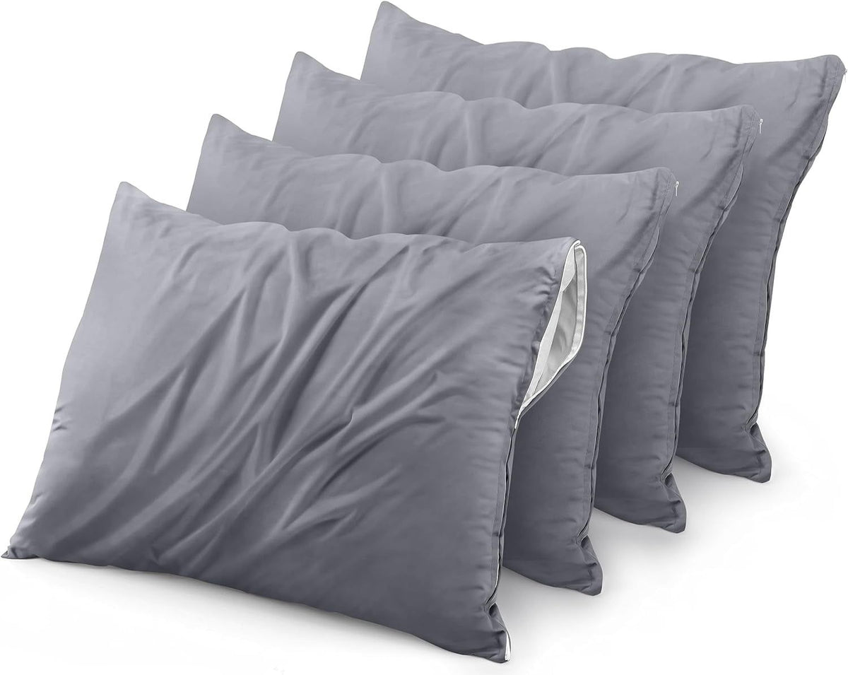 Waterproof Pillow Protector Zippered (4 ) Queen Grey – Bed Bug Proof Pillow Encasement 20 x 28 Inches