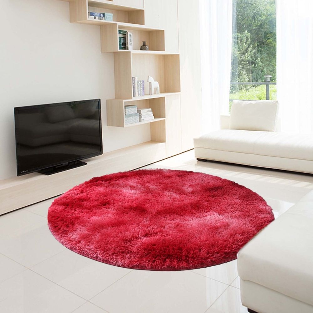 Red Round Shag Rug for Living Room & Bedroom | 43.3 Inch Non-Shedding High Pile Area Rug with Non-Slip Rubber Backing | 1.5 Inch Thick Fluffy Throw Rug, 1 Piece