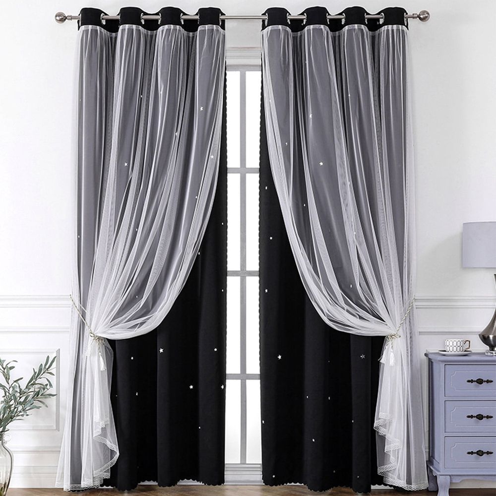 Double Layer Curtains with Sheer Star Pattern and Blackout Liner | 2-In-1 Thermal Insulated Window Treatment for Light Control | Bedroom Living Room Drapes for Noise Reduction and Privacy