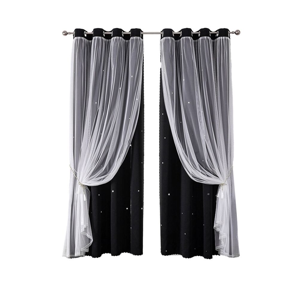 Double Layer Curtains with Sheer Star Pattern and Blackout Liner | 2-In-1 Thermal Insulated Window Treatment for Light Control | Bedroom Living Room Drapes for Noise Reduction and Privacy