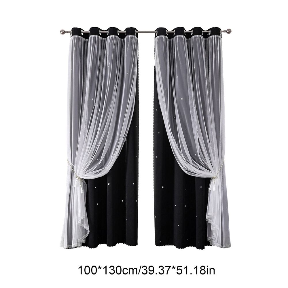 Double Layer Curtains with Sheer Star Pattern and Blackout Liner | 2-In-1 Thermal Insulated Window Treatment for Light Control | Bedroom Living Room Drapes for Noise Reduction and Privacy