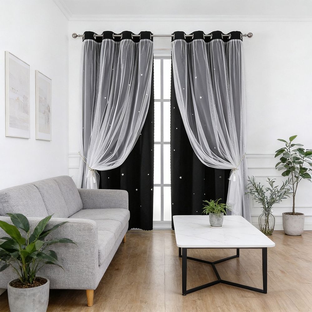 Double Layer Curtains with Sheer Star Pattern and Blackout Liner | 2-In-1 Thermal Insulated Window Treatment for Light Control | Bedroom Living Room Drapes for Noise Reduction and Privacy