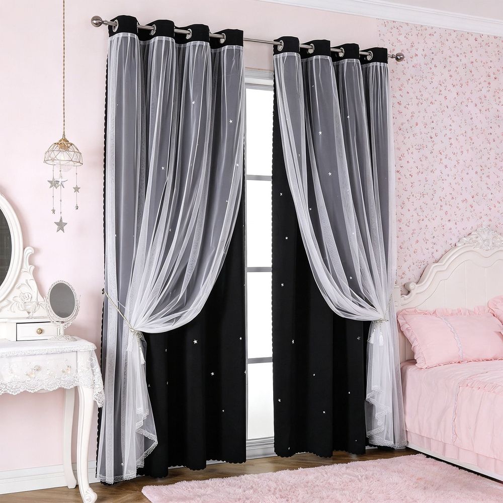 Double Layer Curtains with Sheer Star Pattern and Blackout Liner | 2-In-1 Thermal Insulated Window Treatment for Light Control | Bedroom Living Room Drapes for Noise Reduction and Privacy