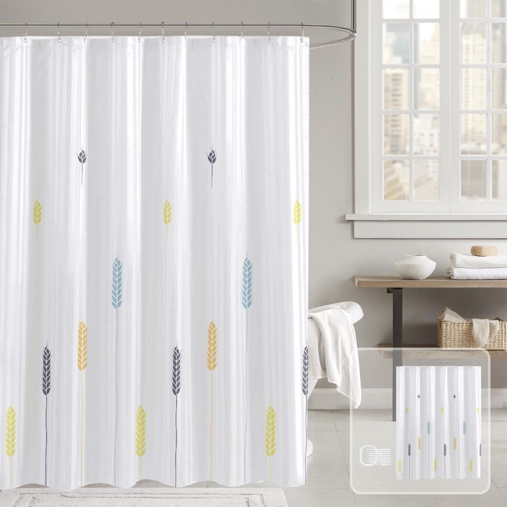 Waterproof Bathroom Shower Curtain with Floral Print, 180x200cm No Hook Installation with Split Rings, Mold Proof Fabric for Toilet Shower Partition, Modern Decorative Door Curtain