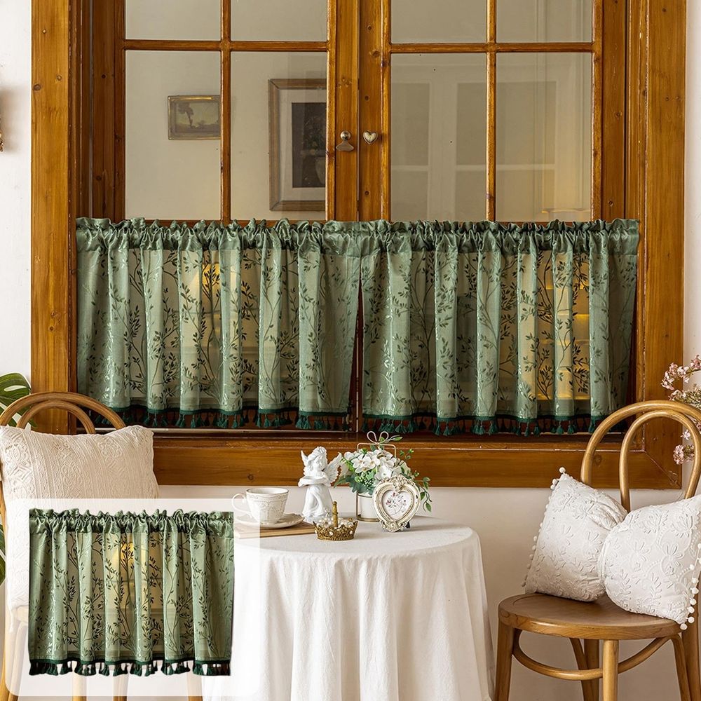 Polyester Tassel Floral Curtain with Rod Pocket, Semi Sheer Floral Print Window Curtain for Kitchen Living Room Bathroom, 39.37x23.62 Inch, Green