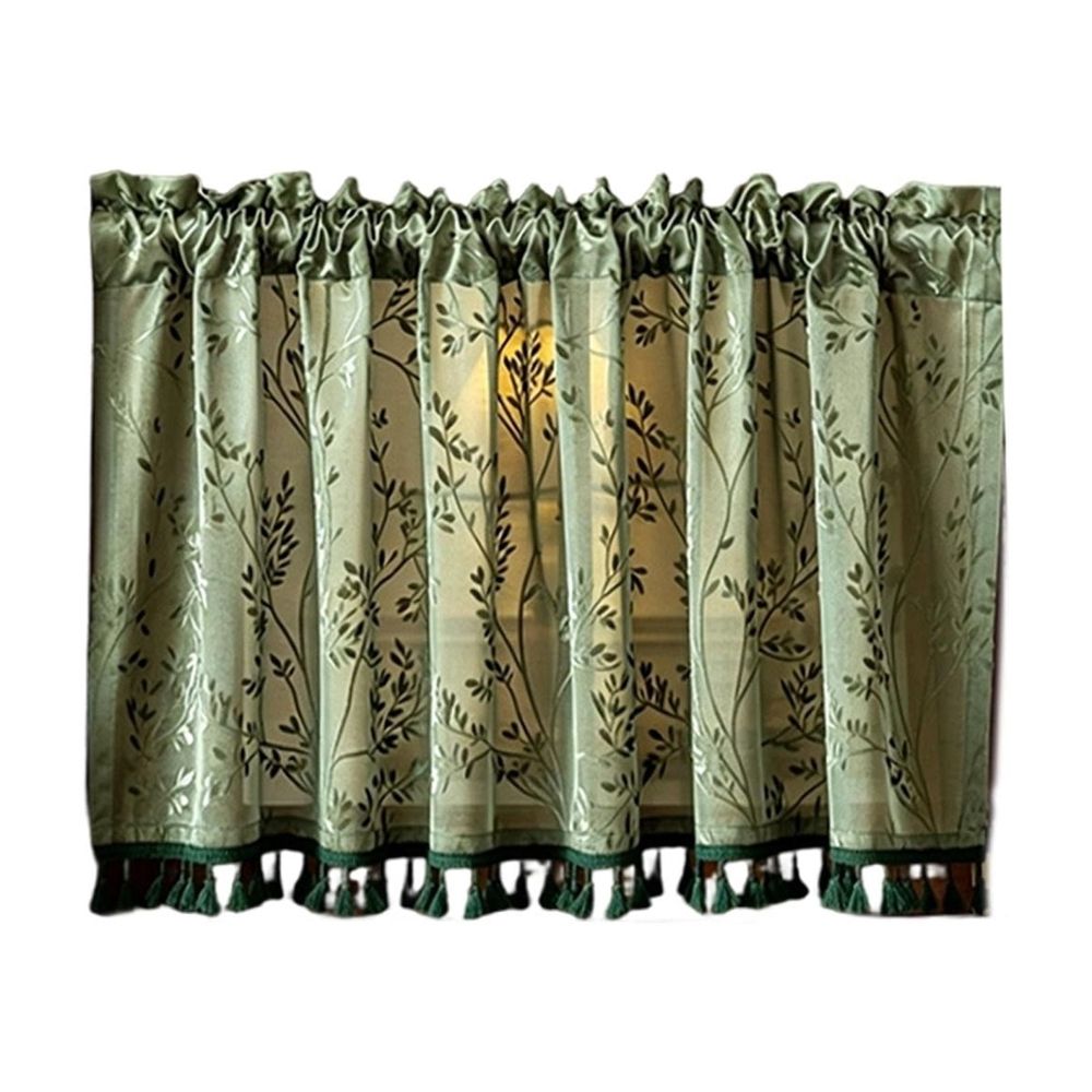 Polyester Tassel Floral Curtain with Rod Pocket, Semi Sheer Floral Print Window Curtain for Kitchen Living Room Bathroom, 39.37x23.62 Inch, Green
