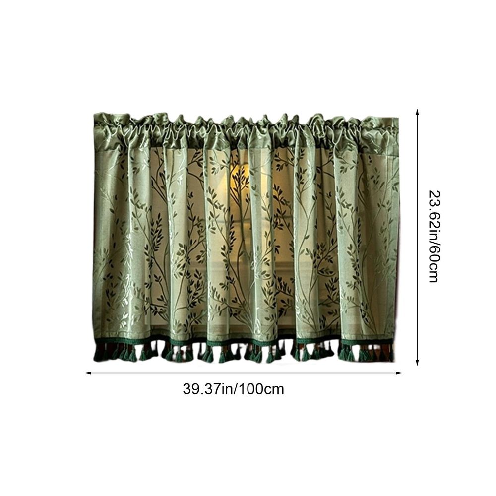 Polyester Tassel Floral Curtain with Rod Pocket, Semi Sheer Floral Print Window Curtain for Kitchen Living Room Bathroom, 39.37x23.62 Inch, Green
