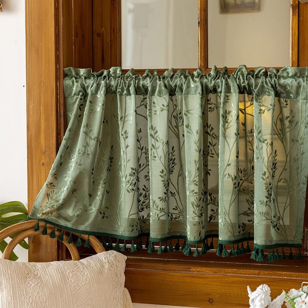 Polyester Tassel Floral Curtain with Rod Pocket, Semi Sheer Floral Print Window Curtain for Kitchen Living Room Bathroom, 39.37x23.62 Inch, Green