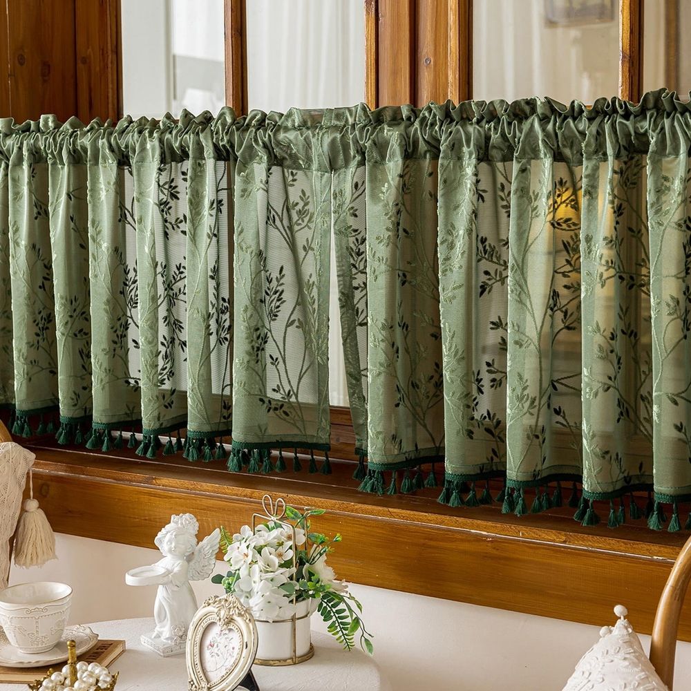 Polyester Tassel Floral Curtain with Rod Pocket, Semi Sheer Floral Print Window Curtain for Kitchen Living Room Bathroom, 39.37x23.62 Inch, Green