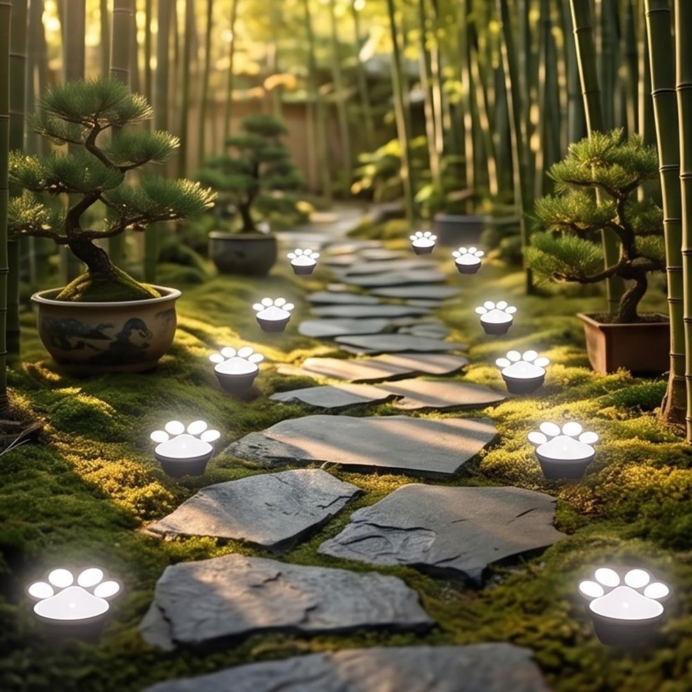 Paw Print Solar Lights for Outside, Wireless of Cat Dog Animal Solar Lights Outdoor Garden Decor 2-Pack Outdoor Solar Light Set (White)