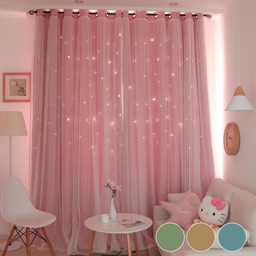 2pcs Blackout Curtains Double Layer Openwork Stars Curtain Nordic Style Romantic Decorative Window Voile Curtains(Pink)