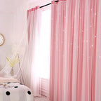 2pcs Blackout Curtains Double Layer Openwork Stars Curtain Nordic Style Romantic Decorative Window Voile Curtains(Pink)