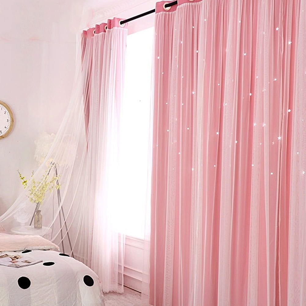 2pcs Blackout Curtains Double Layer Openwork Stars Curtain Nordic Style Romantic Decorative Window Voile Curtains(Pink)