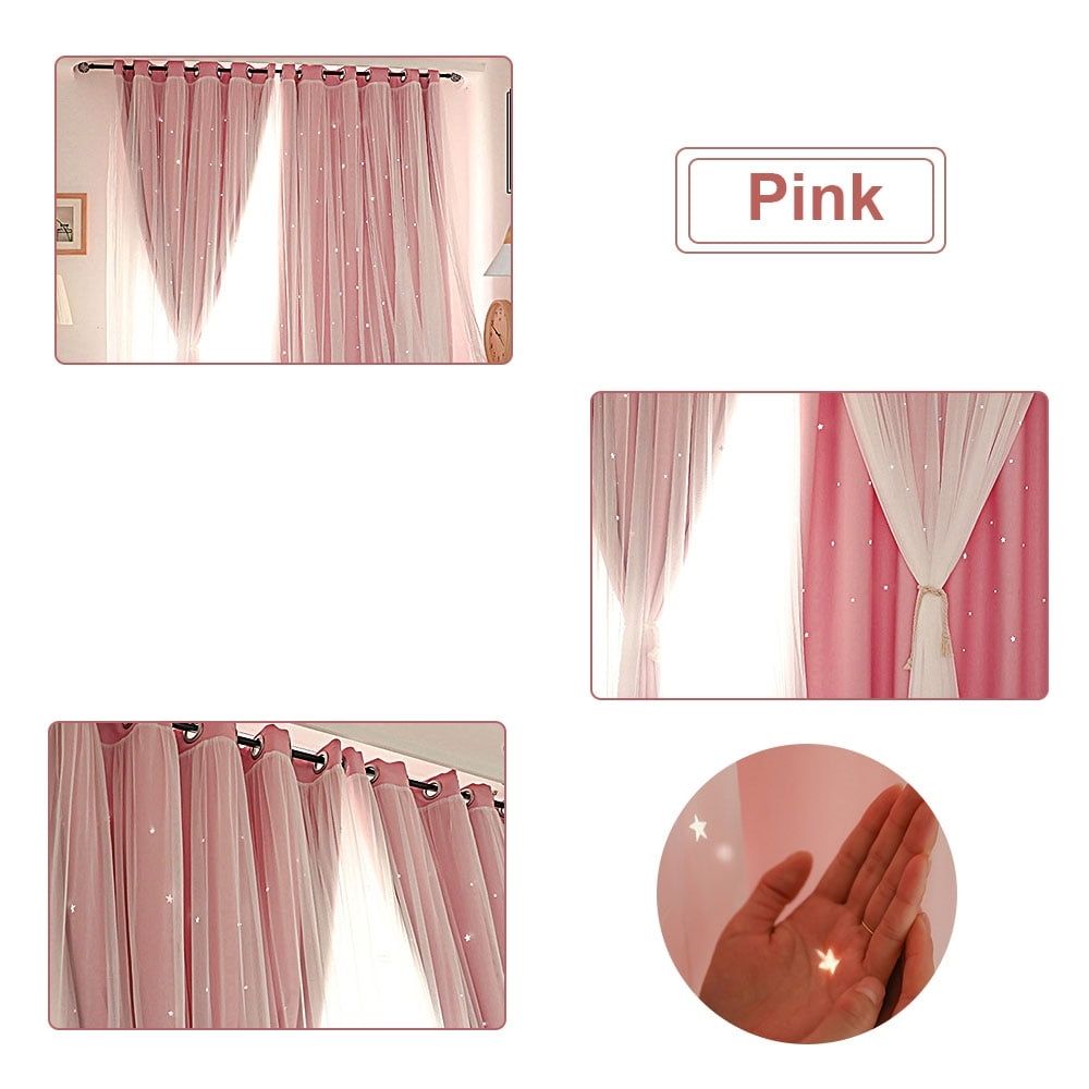 2pcs Blackout Curtains Double Layer Openwork Stars Curtain Nordic Style Romantic Decorative Window Voile Curtains(Pink)