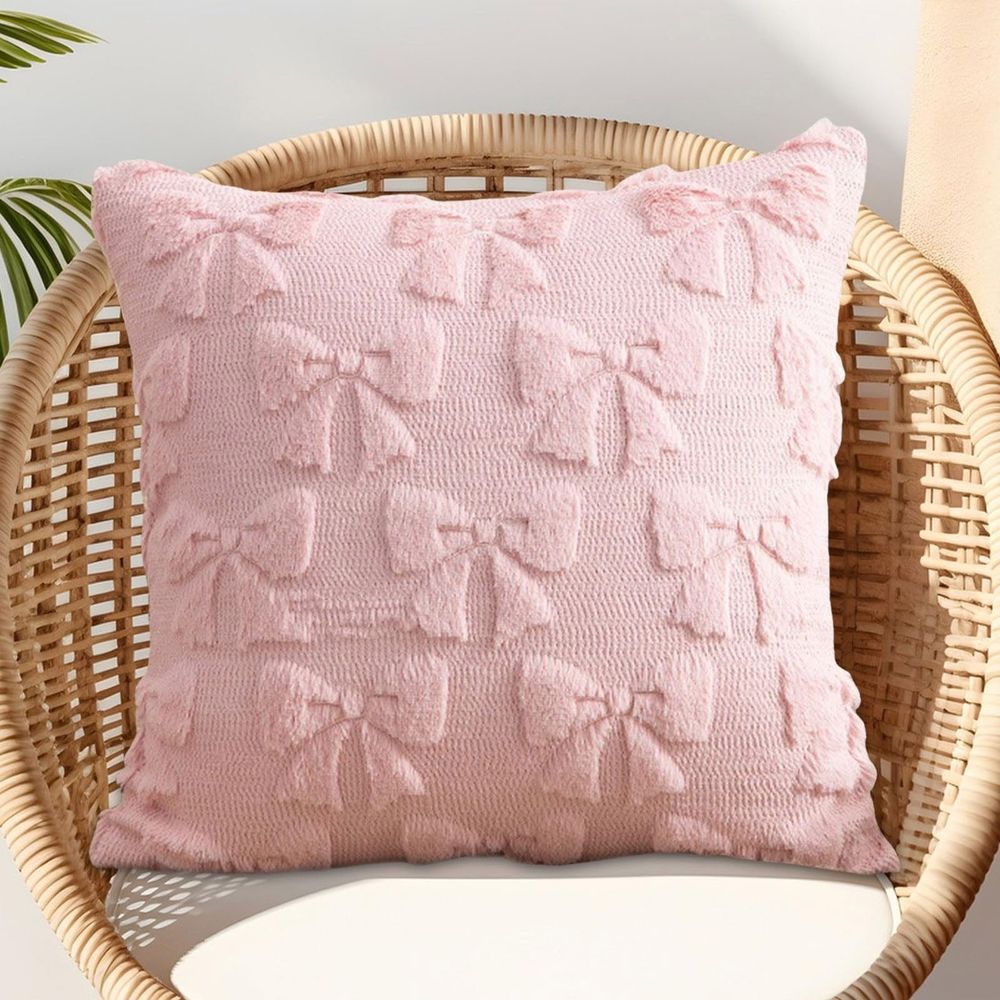 2PCS Pink Bow Throw Pillow Covers - 18 Inch Decorative Pillow Covers, Soft Plush Fluffy Bowknot Couch Pillows for Bedroom Living Room Sofa Decor