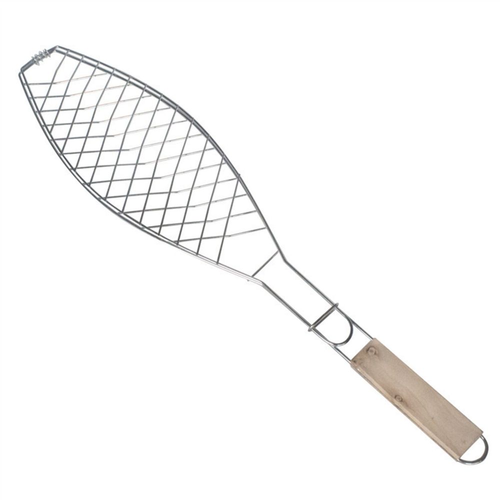 Wooden Handle Fish Grill Clamp, 22.2x5.9in Stainless Steel BBQ Net Basket, Reversible Outdoor Cooking Tool, Silver