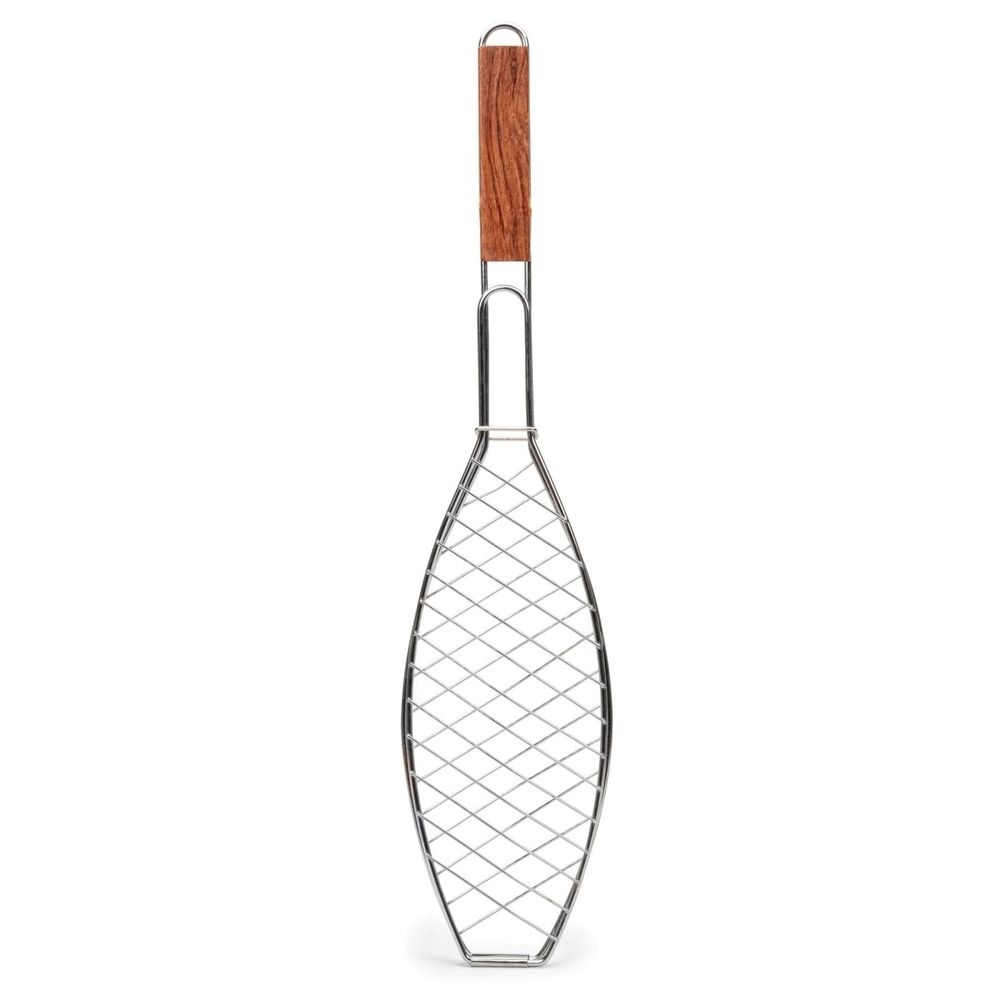 Wooden Handle Fish Grill Clamp, 22.2x5.9in Stainless Steel BBQ Net Basket, Reversible Outdoor Cooking Tool, Silver