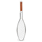 Wooden Handle Fish Grill Clamp, 22.2x5.9in Stainless Steel BBQ Net Basket, Reversible Outdoor Cooking Tool, Silver