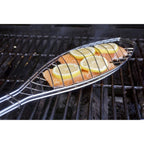 Wooden Handle Fish Grill Clamp, 22.2x5.9in Stainless Steel BBQ Net Basket, Reversible Outdoor Cooking Tool, Silver
