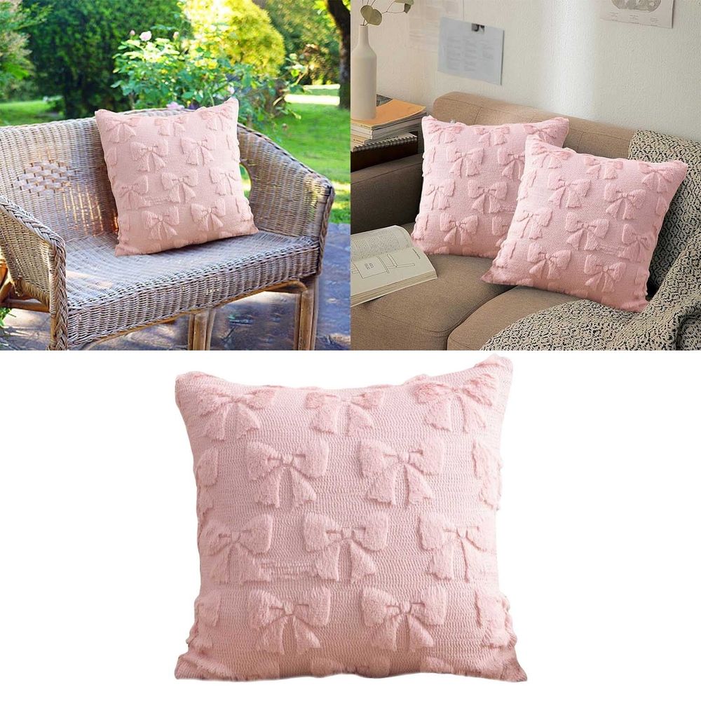 2PCS Pink Bow Throw Pillow Covers - 18 Inch Decorative Pillow Covers, Soft Plush Fluffy Bowknot Couch Pillows for Bedroom Living Room Sofa Decor