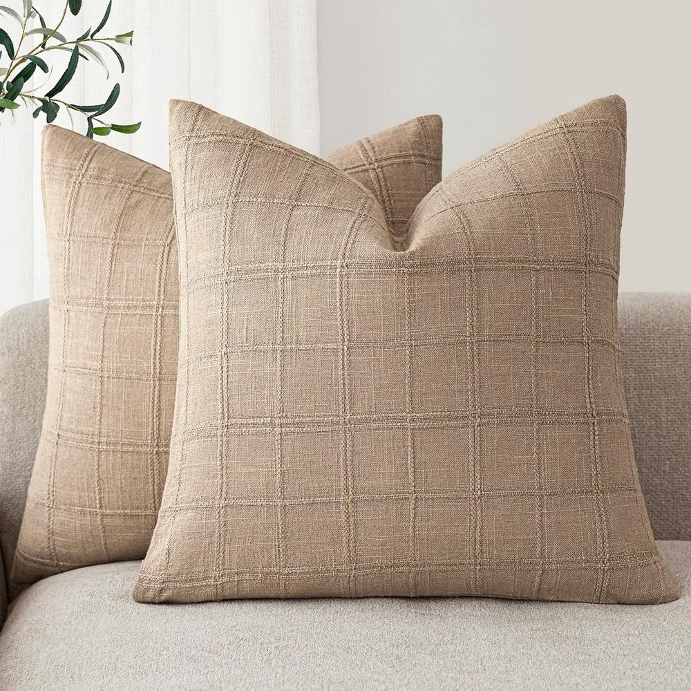 A set of 2-piece decorative linen grid pillow set, neutral farmhouse retro cushion set, modern bohemian style home decoration sofa chair sofa bedroom living room, 18 x 18 inches