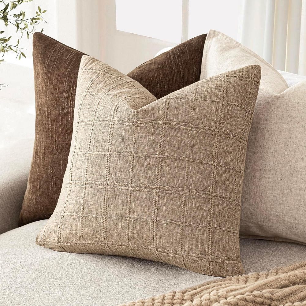 A set of 2-piece decorative linen grid pillow set, neutral farmhouse retro cushion set, modern bohemian style home decoration sofa chair sofa bedroom living room, 18 x 18 inches