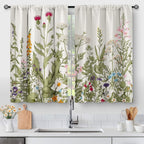 Flowers Floral Kitchen Curtains - Leaves Spring Botanical Small Short Tier Cafe Window Curtains for Bathroom Living RV Room Rod Pocket Window Drapes 36 Inch Length 2 Panels Set 28"x36