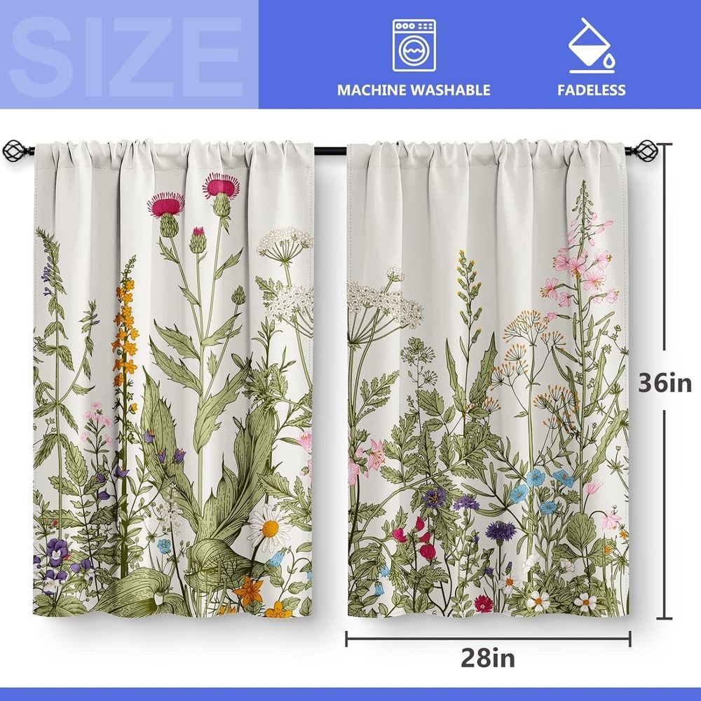 Flowers Floral Kitchen Curtains - Leaves Spring Botanical Small Short Tier Cafe Window Curtains for Bathroom Living RV Room Rod Pocket Window Drapes 36 Inch Length 2 Panels Set 28"x36