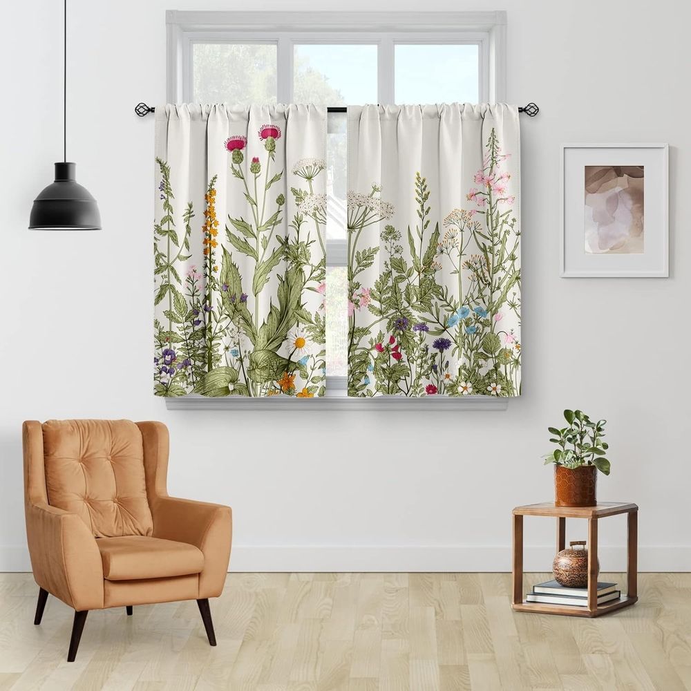 Flowers Floral Kitchen Curtains - Leaves Spring Botanical Small Short Tier Cafe Window Curtains for Bathroom Living RV Room Rod Pocket Window Drapes 36 Inch Length 2 Panels Set 28"x36