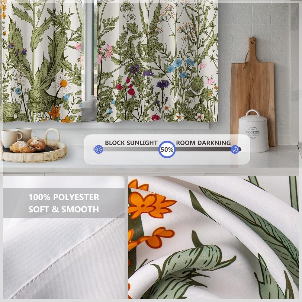 Flowers Floral Kitchen Curtains - Leaves Spring Botanical Small Short Tier Cafe Window Curtains for Bathroom Living RV Room Rod Pocket Window Drapes 36 Inch Length 2 Panels Set 28"x36