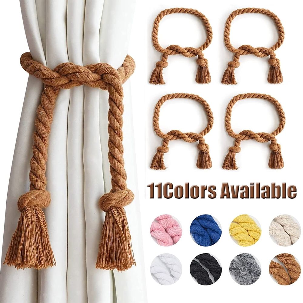 4PCS Rope Curtain Tiebacks, Natural Cotton Woven Curtain Holdback, Curtain Decorative Holdbacks for Village Rural Boho Style Drapery Tieback