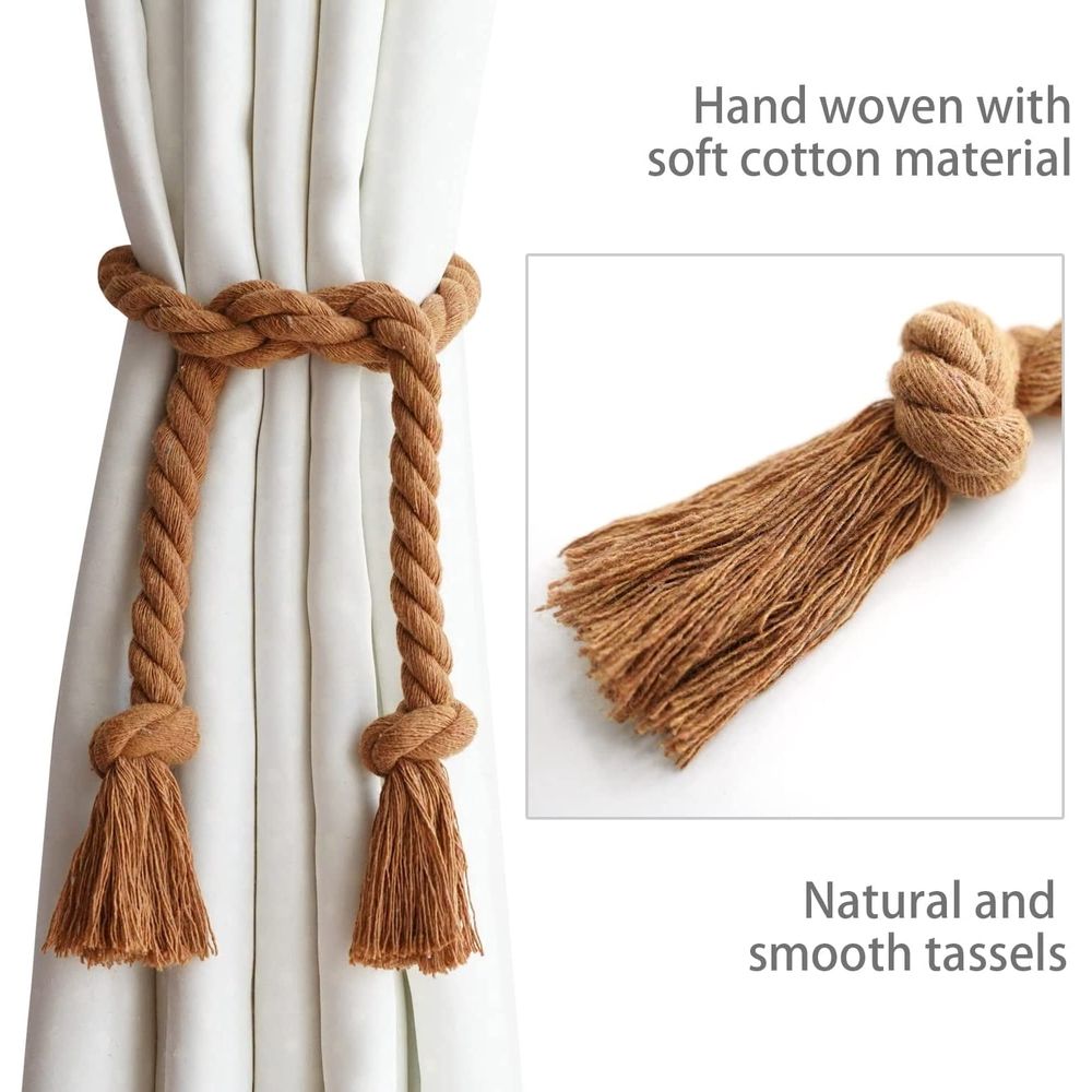 4PCS Rope Curtain Tiebacks, Natural Cotton Woven Curtain Holdback, Curtain Decorative Holdbacks for Village Rural Boho Style Drapery Tieback