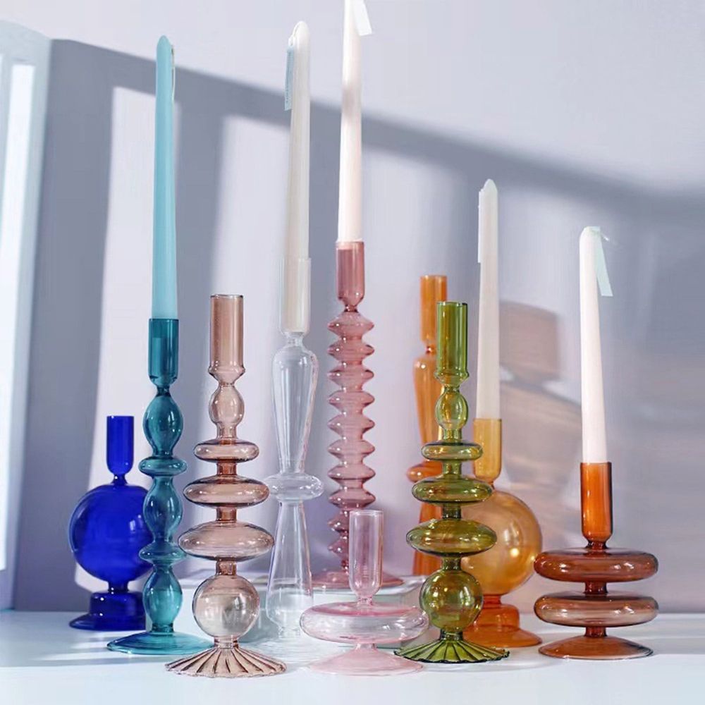 Glass Vase Candle Holder Decor Glass Vase for Centerpiece Modern Elegant Flower Vase Candle Holder for Wedding Home Decor Housewarming Gift Striped Base Purple