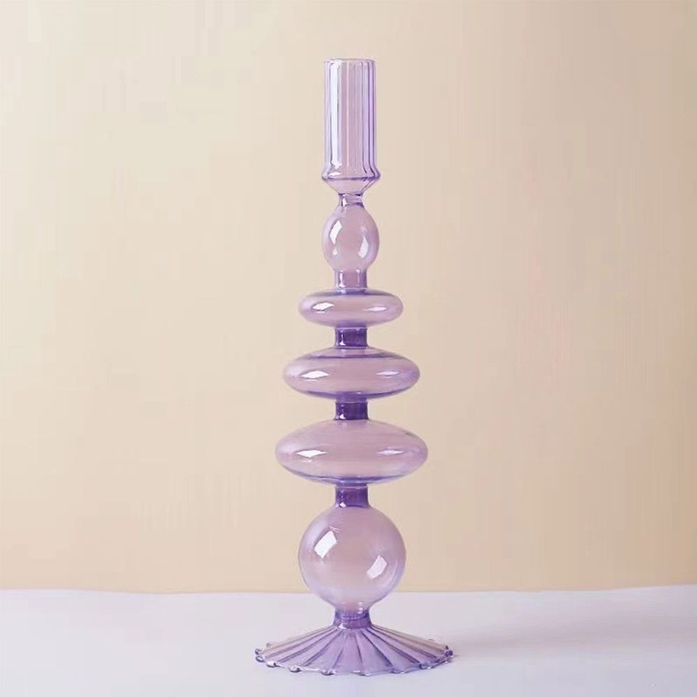 Glass Vase Candle Holder Decor Glass Vase for Centerpiece Modern Elegant Flower Vase Candle Holder for Wedding Home Decor Housewarming Gift Striped Base Purple