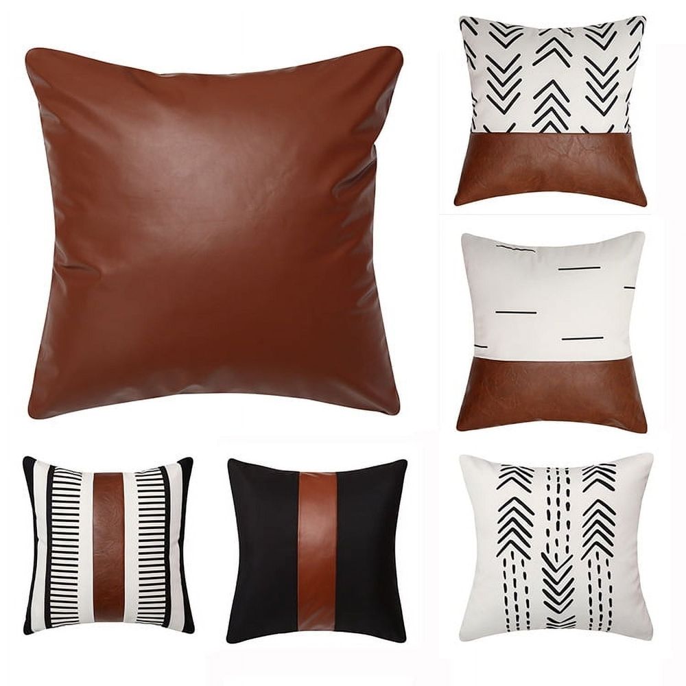 Throw Pillow Covers, Modern Farmhouse Decorative Pillow Covers for Couch Sofa Bed,Faux Leather Pillow Covers, 18 x 18inch