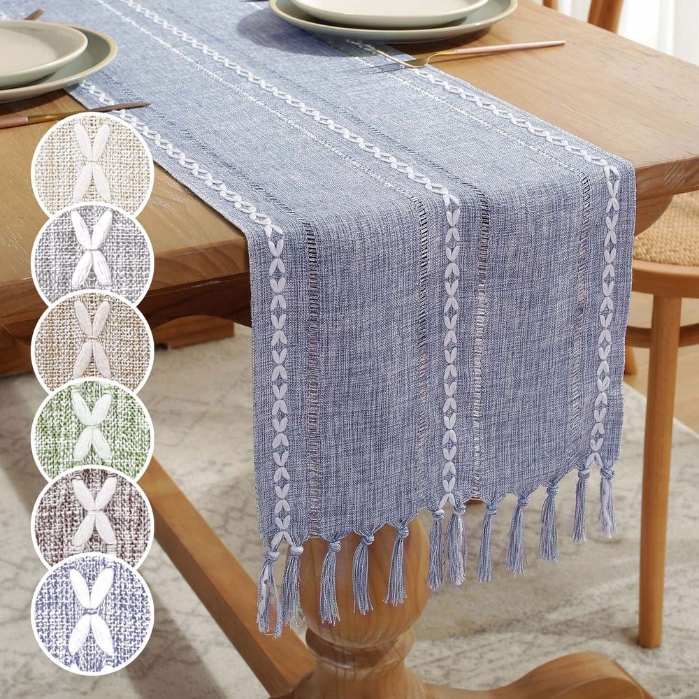Farmhouse Table Runner Style Linen 72 Inch Long, Handmade Rustic Table Runner with Tassels for Holiday Party Dining Room Kitchen,13“ x 72” Long Dresser Scarf