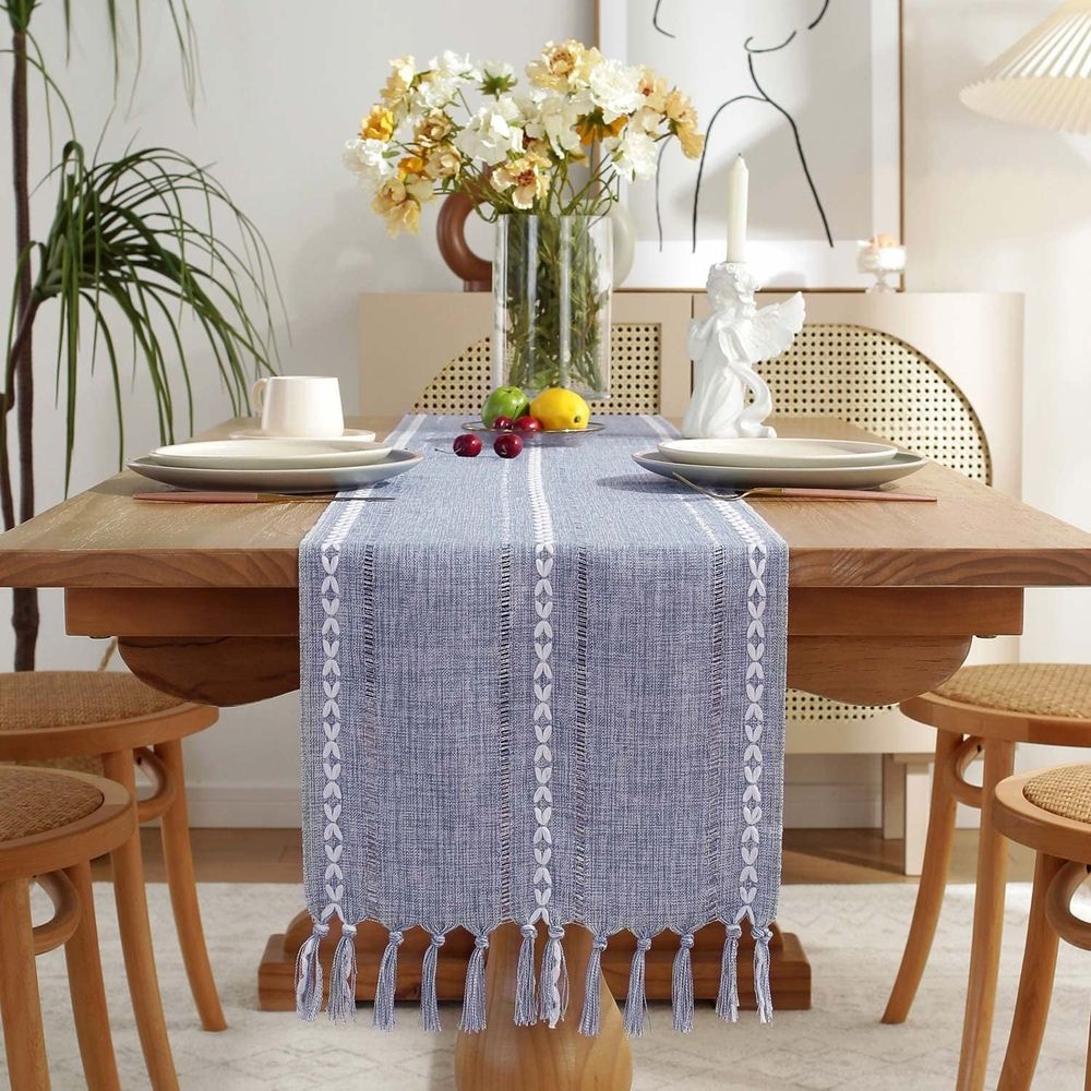 Farmhouse Table Runner Style Linen 72 Inch Long, Handmade Rustic Table Runner with Tassels for Holiday Party Dining Room Kitchen,13“ x 72” Long Dresser Scarf