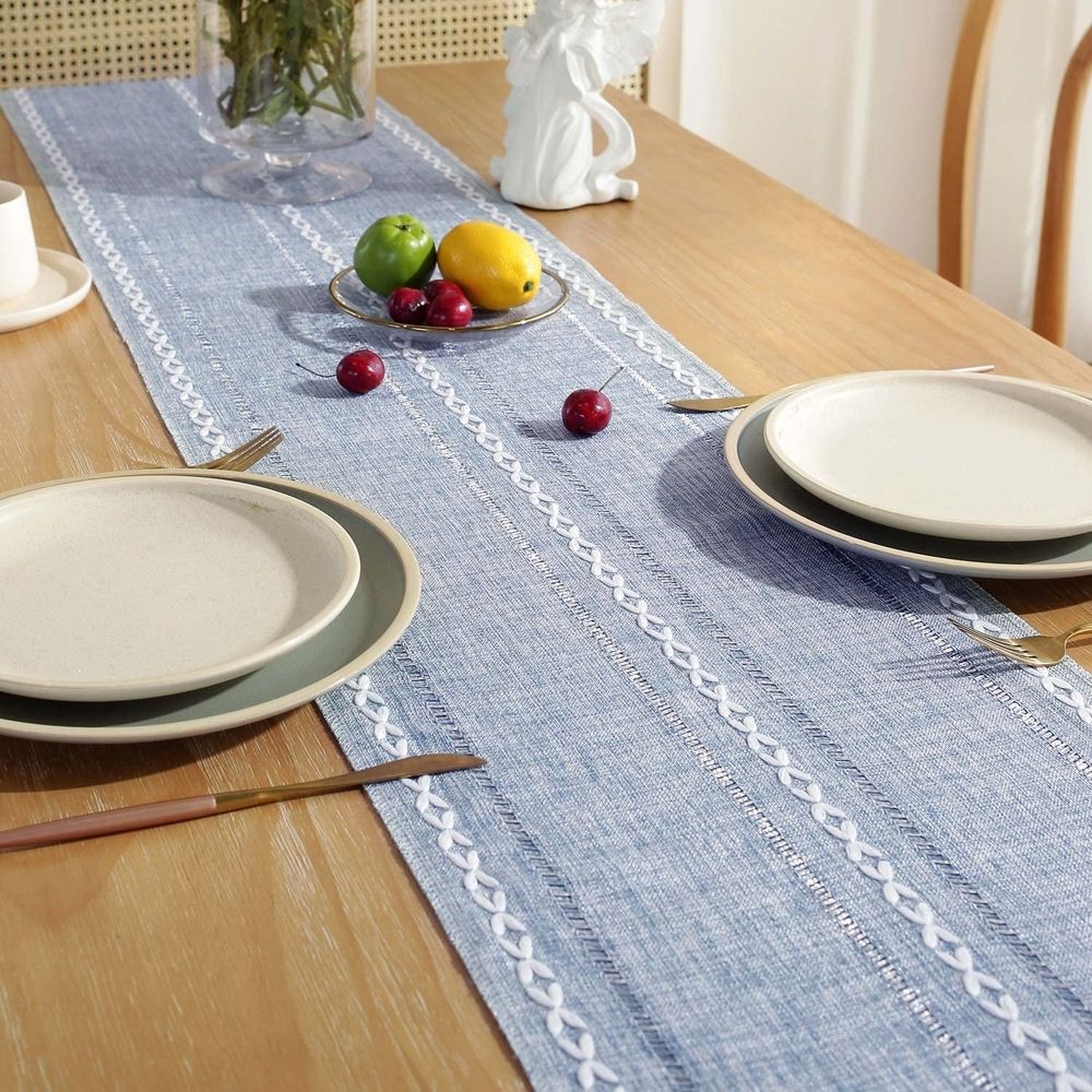 Farmhouse Table Runner Style Linen 72 Inch Long, Handmade Rustic Table Runner with Tassels for Holiday Party Dining Room Kitchen,13“ x 72” Long Dresser Scarf