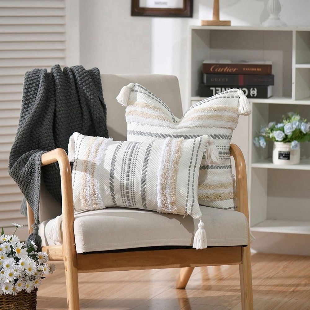 Throw Pillow Covers 18x18,16x16,12x20Woven Tufted Farmhouse Pillows Cover with Tassels Textured Stripe Cushion Case Neutral Pillow Cases Decorative Pillowcase for Couch,Gray and White
