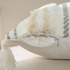 Throw Pillow Covers 18x18,16x16,12x20Woven Tufted Farmhouse Pillows Cover with Tassels Textured Stripe Cushion Case Neutral Pillow Cases Decorative Pillowcase for Couch,Gray and White